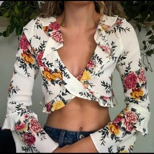 Boho Floral Ruffle Wrap Crop Top XS S